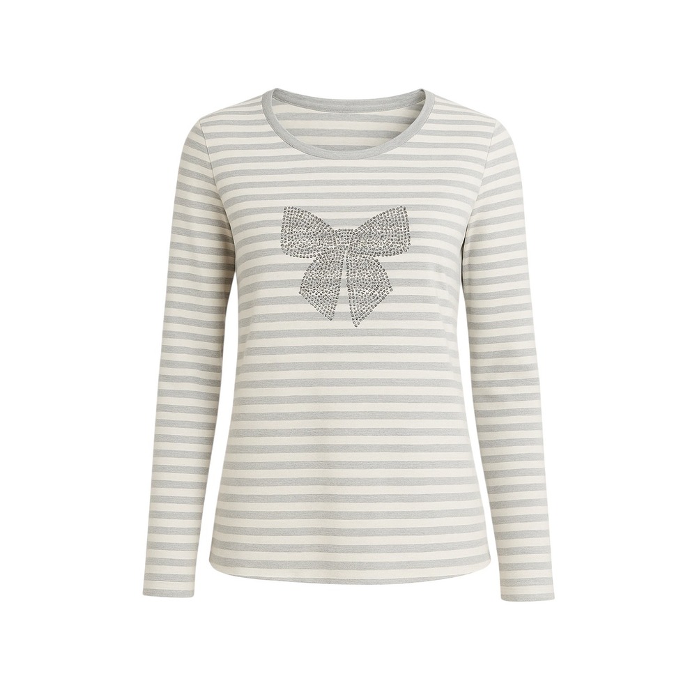 Talbots Woman Petites 3XP Gray Stripe 3/4 Sleeve Cotton Top Bow Applique Preppy‎